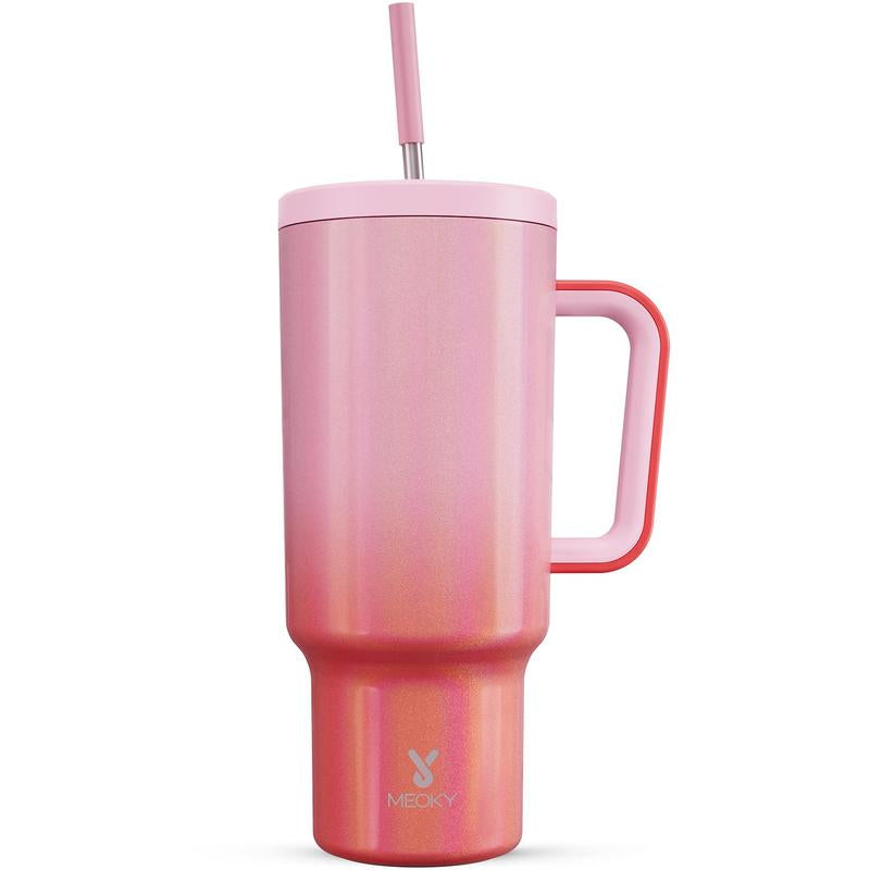 【Meoky】40Oz Classic Straw Handle Cup, Multi-Grid Ice Cube Mold, Leak-Proof Cup Lid, Silicone Handle, Non-Slip Noise Reduction Pad at the Bottom, Stainless Steel Thermos Cup, Wide Mouth and Narrow Bottom, Valentine'S Day Gift, Tumbler Cups