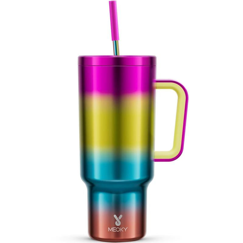【Meoky】40Oz Classic Straw Handle Cup, Multi-Grid Ice Cube Mold, Leak-Proof Cup Lid, Silicone Handle, Non-Slip Noise Reduction Pad at the Bottom, Stainless Steel Thermos Cup, Wide Mouth and Narrow Bottom, Valentine'S Day Gift, Tumbler Cups