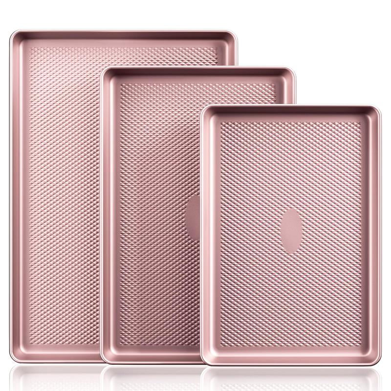 [Dealsforyou]Hongbake Diamond-Texture Baking Sheet Pan Set, Non-Stick Cookie Sheets, Teflon-Free Heavy Duty Bakeware - 3 Sizes, Baker, Pink Kitchenware Cooking