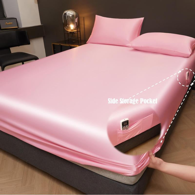 Solid Color Fitted Sheet & Pillowcase Set, Satin Bed Sheets, Silky Fitted Sheet Soft Comfortable Bedding Set for Bedroom & Hotel
