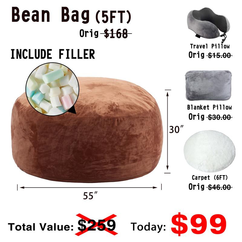 3Ft/4Ft/5'Ft/Jumbo(With Filler) Bean Bag Lazy Sofa Beanbag Chair Ship Free High-Rebound Memory Foam Furniture Flannel Cover Removable