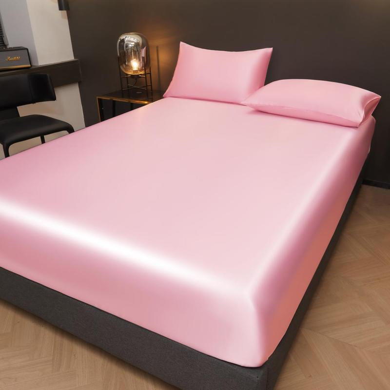Solid Color Fitted Sheet & Pillowcase Set, Satin Bed Sheets, Silky Fitted Sheet Soft Comfortable Bedding Set for Bedroom & Hotel