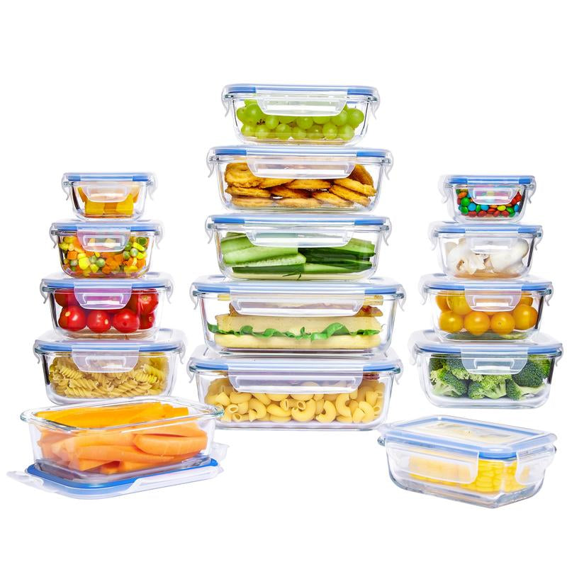 Vtopmart 12- 18 Pack Glass Food Storage Containers with Lids -Stackable Design for Kitchen Utensils Oven Microwave Freezer Dishwasher Kitchenware Square Fridge Organizers Insulated Lunch Compartment Green Rectangle