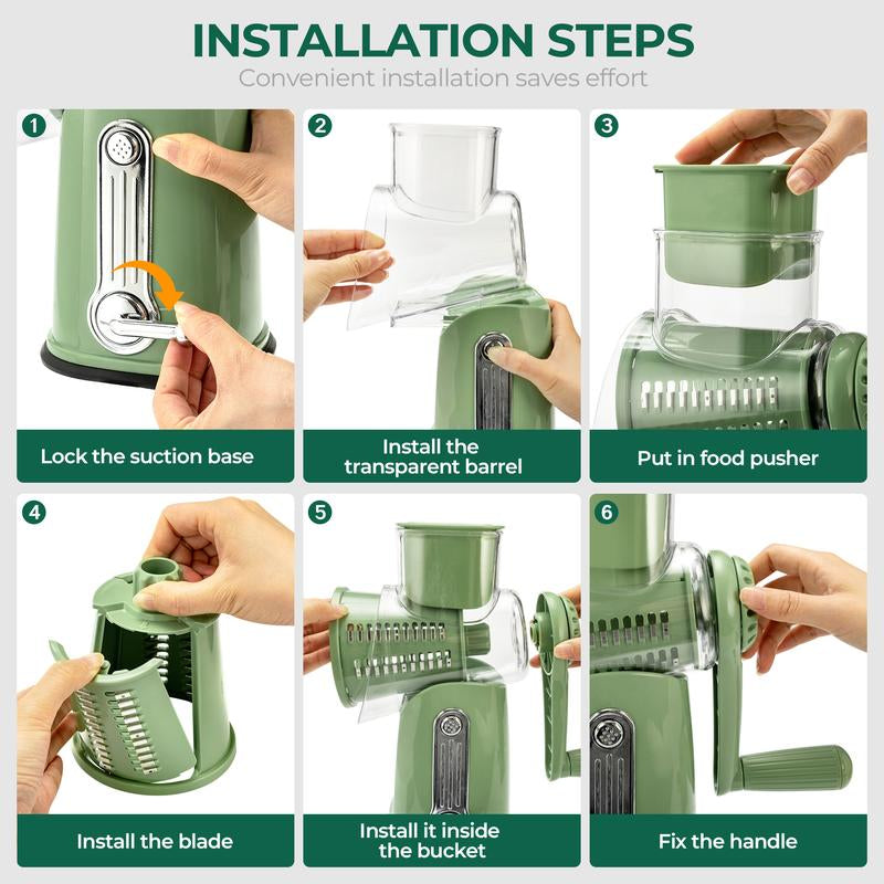 SUSTEAS Rotary Cheese Grater with Handle, 5 Well-Designed Blades, Strong Suction Cup Base, Kitchen Utensils