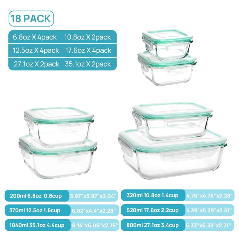 Vtopmart 12- 18 Pack Glass Food Storage Containers with Lids -Stackable Design for Kitchen Utensils Oven Microwave Freezer Dishwasher Kitchenware Square Fridge Organizers Insulated Lunch Compartment Green Rectangle