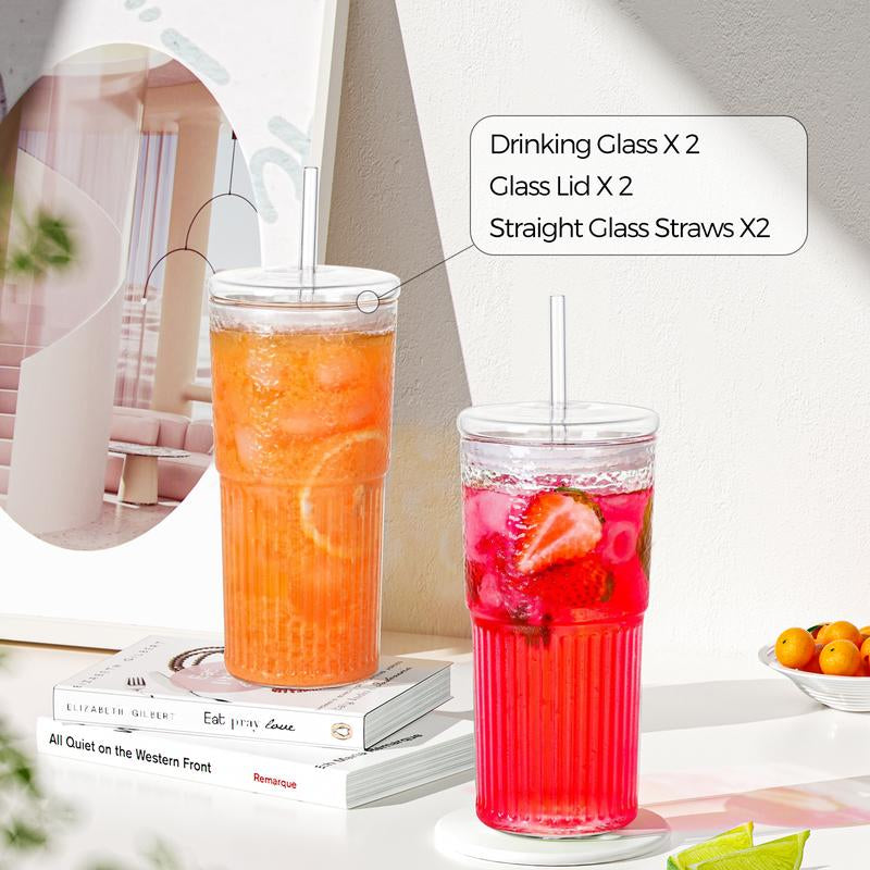 2 Packs 20Oz Glass Tumblers Set with Lids and Glass Straws Drinkware, Ice Coffee Cups, Bottles, Cup and Mug for Juices and Milk, Holiday Gifts