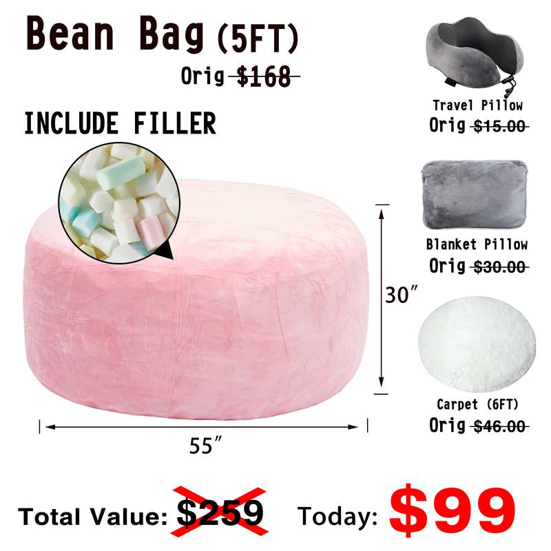 3Ft/4Ft/5'Ft/Jumbo(With Filler) Bean Bag Lazy Sofa Beanbag Chair Ship Free High-Rebound Memory Foam Furniture Flannel Cover Removable