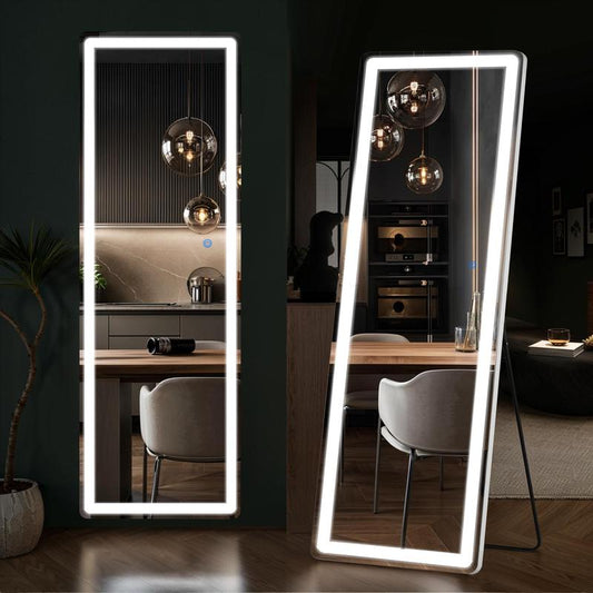 Mirror Full Length Standing with LED Lights, Floor Mirror with Stand, W/Dimming & 3 Color Lighting, Wall Mirror Aluminum Alloy Decor