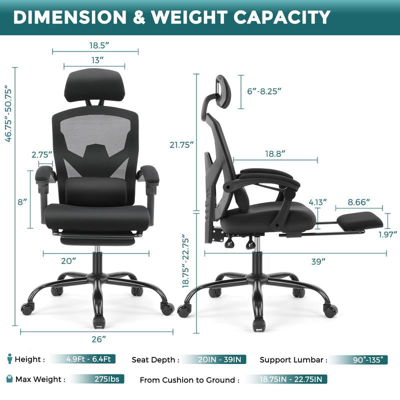 【Back to School】Sweet Furniture Ergonomic Office Chair with Foot Rest and Adjustable Headrest, Mesh Swivel Rolling Task Chair, Height Adjustable, Office Gifts