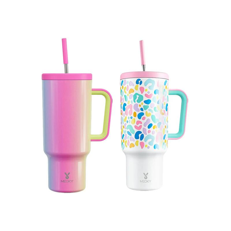 【Meoky】40Oz Classic Straw Handle Cup, Multi-Grid Ice Cube Mold, Leak-Proof Cup Lid, Silicone Handle, Non-Slip Noise Reduction Pad at the Bottom, Stainless Steel Thermos Cup, Wide Mouth and Narrow Bottom, Valentine'S Day Gift, Tumbler Cups