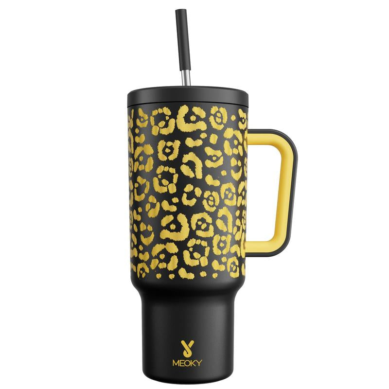 40Oz Patterned Straw Handle Cup, 1 Count Multi-Grid Ice Cube & Leak-Proof Cup Lid with Silicone Handle, Insulated Wide Mouth and Narrow Bottom for Easy Cleaning and Car Loading