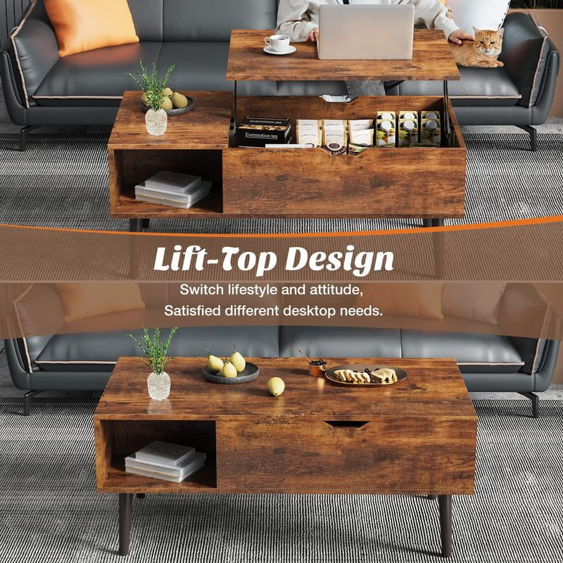 【Back to School】Sweetfurniture Fully Assembled Wooden Center Table, Fluted Lift Top Coffee Table with Hidden Compartment, Modern Lift Tabletop for Home Living Room Office