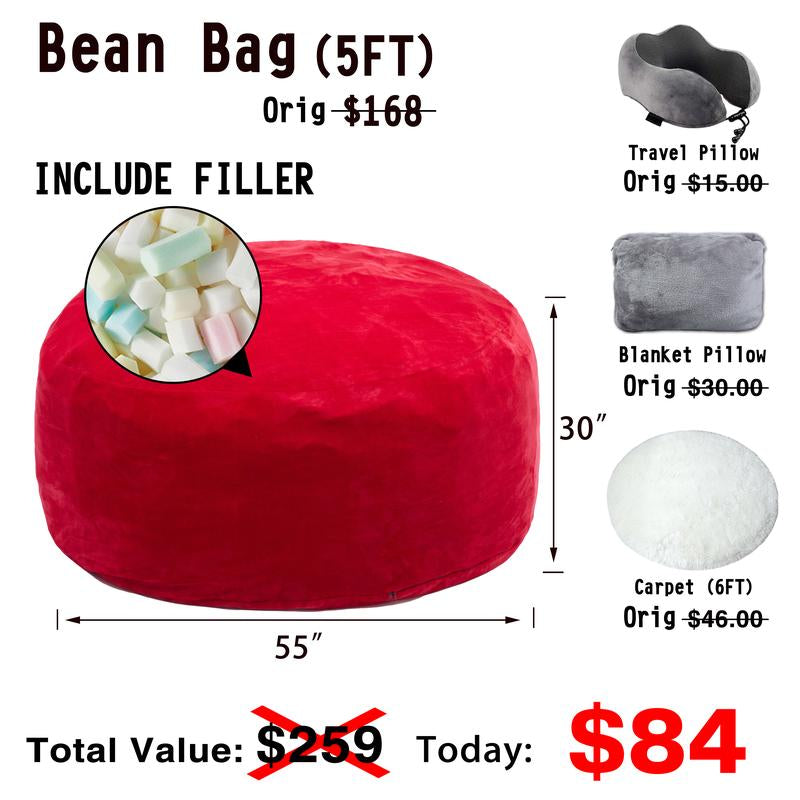 3Ft/4Ft/5'Ft/Jumbo(With Filler) Bean Bag Lazy Sofa Beanbag Chair Ship Free High-Rebound Memory Foam Furniture Flannel Cover Removable