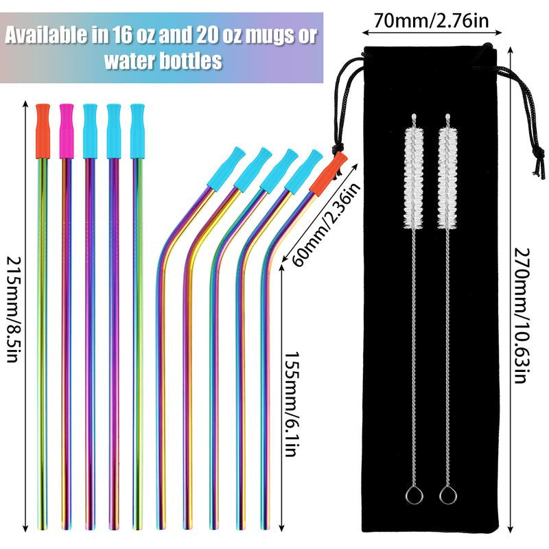 20 Pcs Stainless Steel Straws Reusable Drinking Straws Colorful Curved Straight Straws with Cleaning Brush Storage Bag and 20 Silicone Tips Metal Straws Fit for 16 and 20 Oz Tumbler Cups