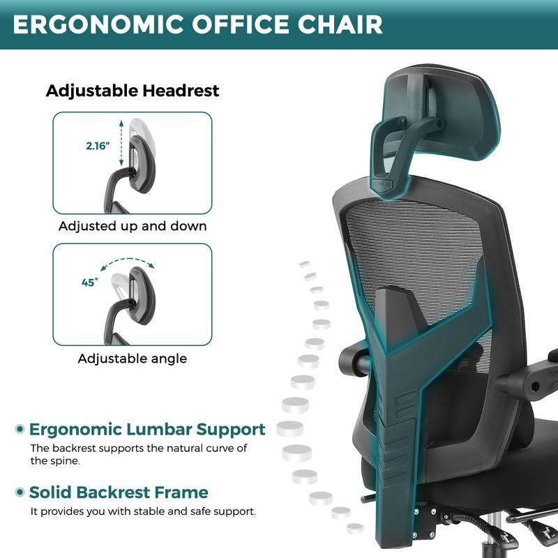 【Back to School】Sweet Furniture Ergonomic Office Chair with Foot Rest and Adjustable Headrest, Mesh Swivel Rolling Task Chair, Height Adjustable, Office Gifts