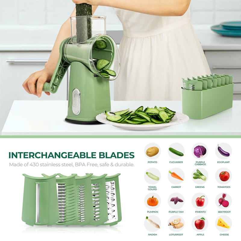 SUSTEAS Rotary Cheese Grater with Handle, 5 Well-Designed Blades, Strong Suction Cup Base, Kitchen Utensils
