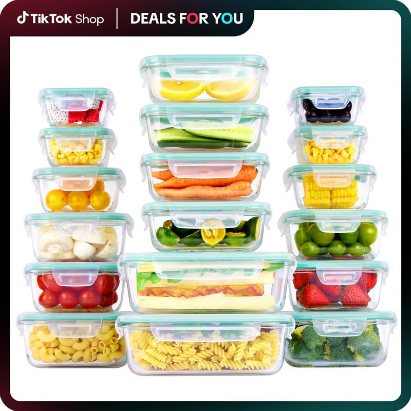 Vtopmart 12- 18 Pack Glass Food Storage Containers with Lids -Stackable Design for Kitchen Utensils Oven Microwave Freezer Dishwasher Kitchenware Square Fridge Organizers Insulated Lunch Compartment Green Rectangle
