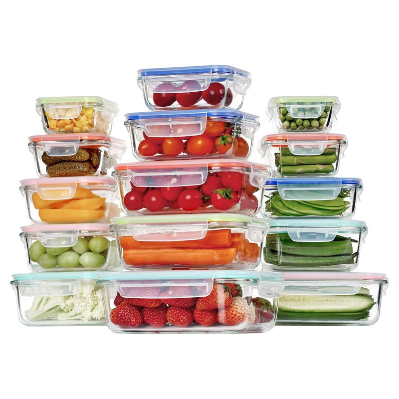 Vtopmart 12- 18 Pack Glass Food Storage Containers with Lids -Stackable Design for Kitchen Utensils Oven Microwave Freezer Dishwasher Kitchenware Square Fridge Organizers Insulated Lunch Compartment Green Rectangle