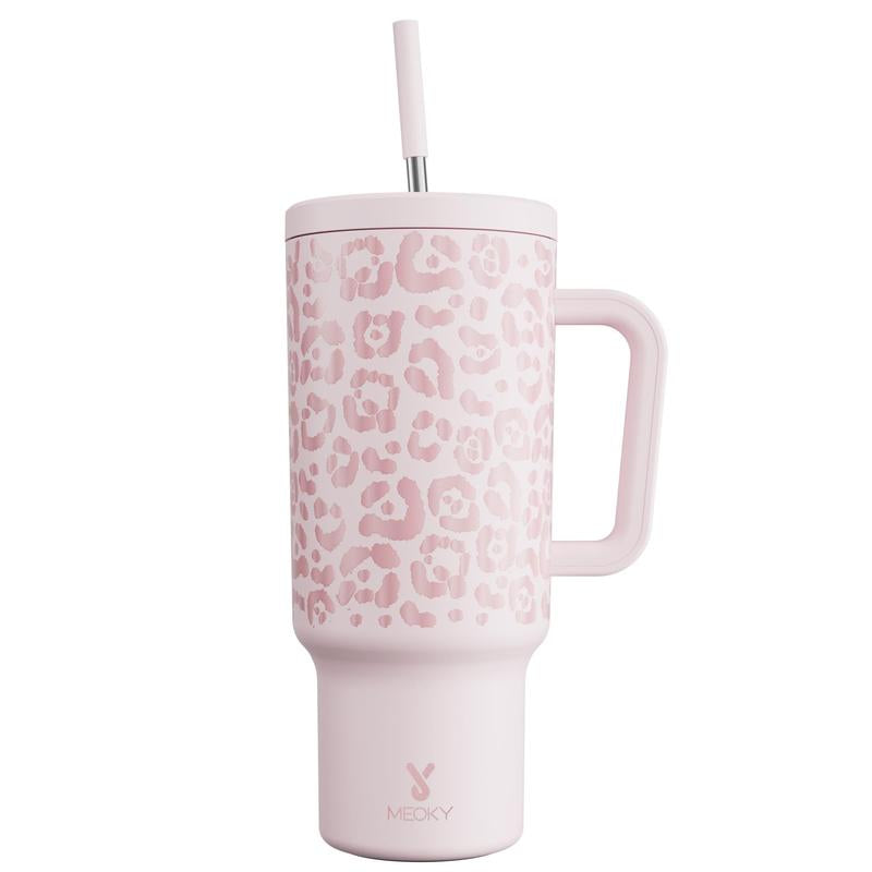 40Oz Patterned Straw Handle Cup, 1 Count Multi-Grid Ice Cube & Leak-Proof Cup Lid with Silicone Handle, Insulated Wide Mouth and Narrow Bottom for Easy Cleaning and Car Loading