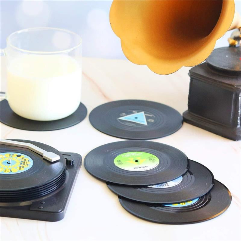 6Pcs Funny Retro Record Coasters for Drinks with Vinyl Player Holder for Music Lovers Stylish Tableware