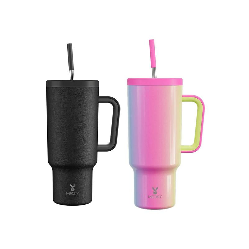 【Meoky】40Oz Classic Straw Handle Cup, Multi-Grid Ice Cube Mold, Leak-Proof Cup Lid, Silicone Handle, Non-Slip Noise Reduction Pad at the Bottom, Stainless Steel Thermos Cup, Wide Mouth and Narrow Bottom, Valentine'S Day Gift, Tumbler Cups