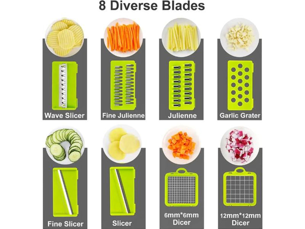 Adierim 14 in 1 Vegetable Slicer Dicer Multifunctional Onion Carrot Garlic Chopper with Container Gray Plastic Kitchen Steel Utensils Chopping Handy Lid Stainless Transparent Basket