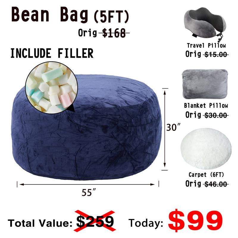3Ft/4Ft/5'Ft/Jumbo(With Filler) Bean Bag Lazy Sofa Beanbag Chair Ship Free High-Rebound Memory Foam Furniture Flannel Cover Removable
