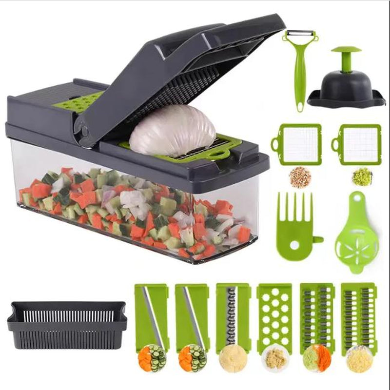 Adierim 14 in 1 Vegetable Slicer Dicer Multifunctional Onion Carrot Garlic Chopper with Container Gray Plastic Kitchen Steel Utensils Chopping Handy Lid Stainless Transparent Basket