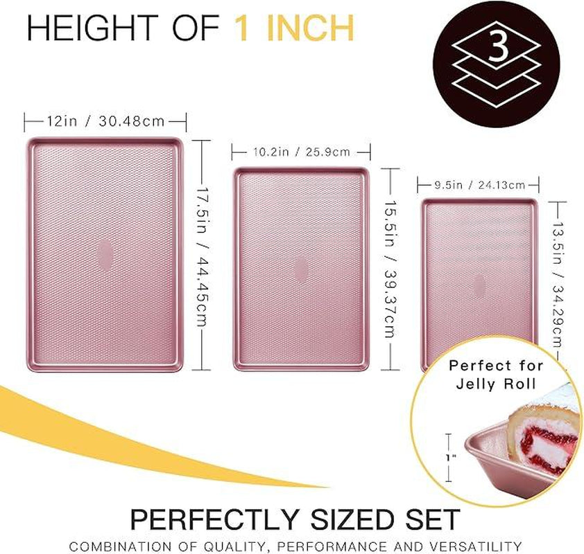 [Dealsforyou]Hongbake Diamond-Texture Baking Sheet Pan Set, Non-Stick Cookie Sheets, Teflon-Free Heavy Duty Bakeware - 3 Sizes, Baker, Pink Kitchenware Cooking