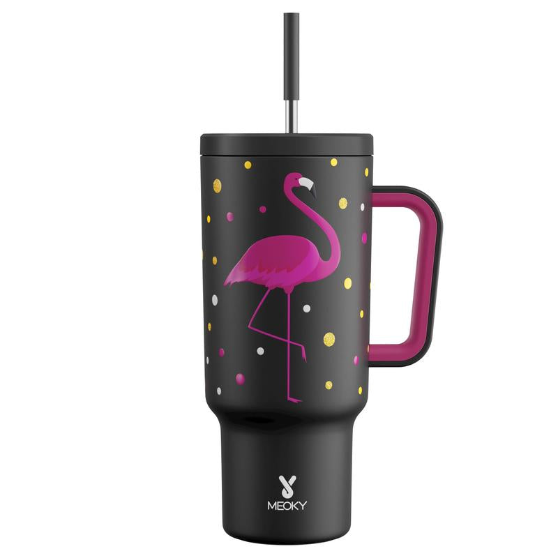 40Oz Patterned Straw Handle Cup, 1 Count Multi-Grid Ice Cube & Leak-Proof Cup Lid with Silicone Handle, Insulated Wide Mouth and Narrow Bottom for Easy Cleaning and Car Loading
