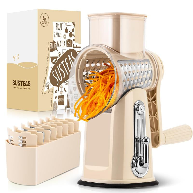 SUSTEAS Rotary Cheese Grater with Handle, 5 Well-Designed Blades, Strong Suction Cup Base, Kitchen Utensils