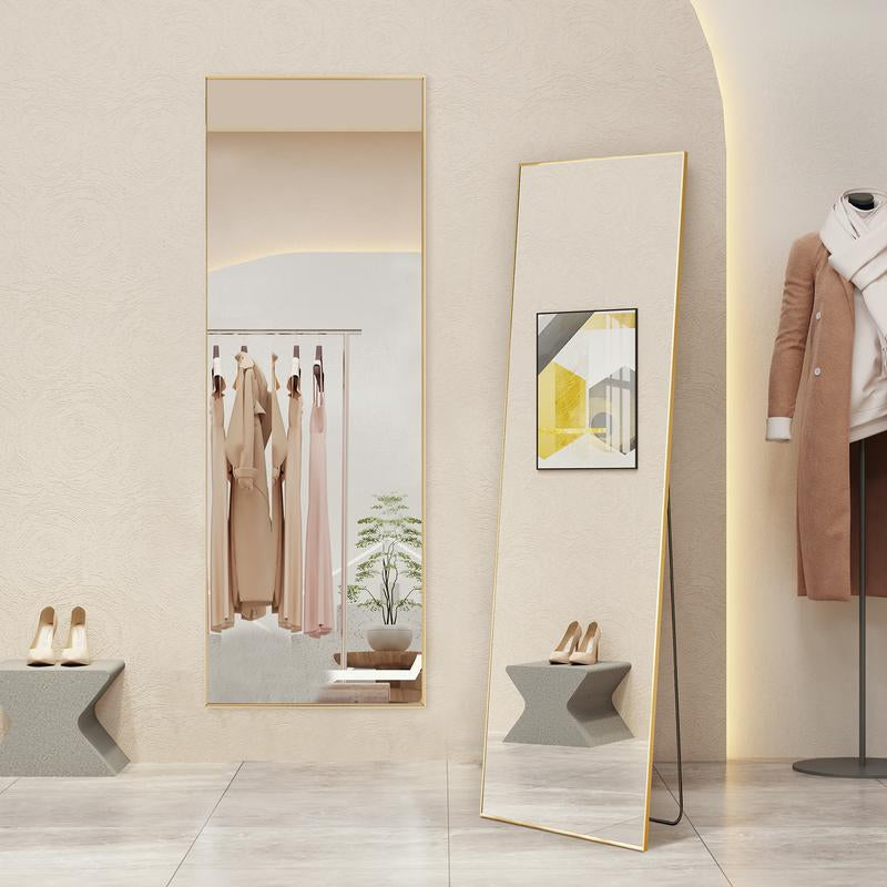 Full Length Mirror, Floor Standing Mirror with Stand, Wall Aluminum Alloy Thin Frame Hanging or Leaning for Living Room Bedroom Cloakroom Decorating