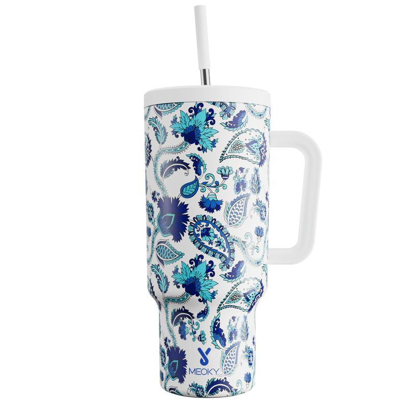 40Oz Patterned Straw Handle Cup, 1 Count Multi-Grid Ice Cube & Leak-Proof Cup Lid with Silicone Handle, Insulated Wide Mouth and Narrow Bottom for Easy Cleaning and Car Loading