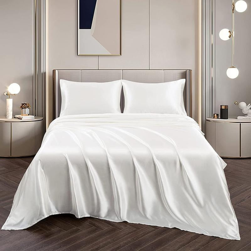 Solid Color Satin Bedding Set, 3/4 Counts Luxury Bedroom Microfiber Sheets Includes 1 Flat Sheet, 1 Fitted Sheet, and 1/2 Pillowcase without Filler, Room Accessories Soft Mattress Protector, Silky Fitted Sheet, Breathable Sheets, Bed Sets, Bedset