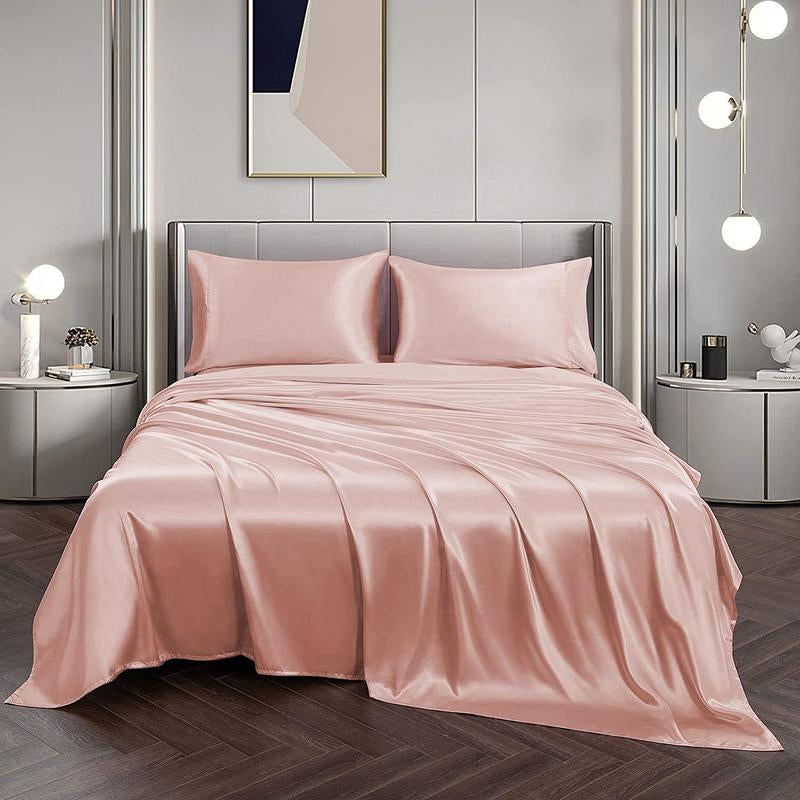Solid Color Satin Bedding Set, 3/4 Counts Luxury Bedroom Microfiber Sheets Includes 1 Flat Sheet, 1 Fitted Sheet, and 1/2 Pillowcase without Filler, Room Accessories Soft Mattress Protector, Silky Fitted Sheet, Breathable Sheets, Bed Sets, Bedset
