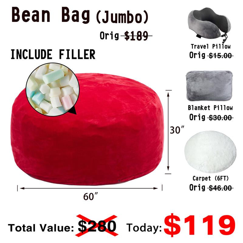 3Ft/4Ft/5'Ft/Jumbo(With Filler) Bean Bag Lazy Sofa Beanbag Chair Ship Free High-Rebound Memory Foam Furniture Flannel Cover Removable