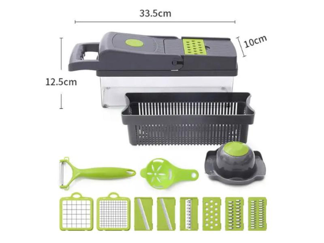 Adierim 14 in 1 Vegetable Slicer Dicer Multifunctional Onion Carrot Garlic Chopper with Container Gray Plastic Kitchen Steel Utensils Chopping Handy Lid Stainless Transparent Basket