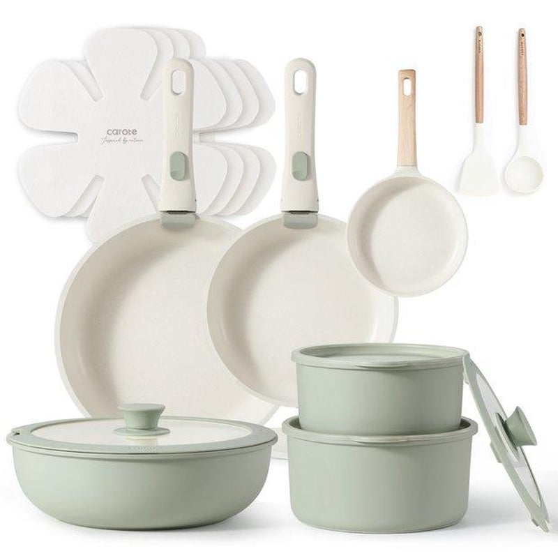 [Official] CAROTE 18Pcs Detachable Handle Nonstick Cookware Set, Blue/Green/Black/Taupe/White, Pots and Pans, Oven Safe Frying Pan, Dishwasher Safe