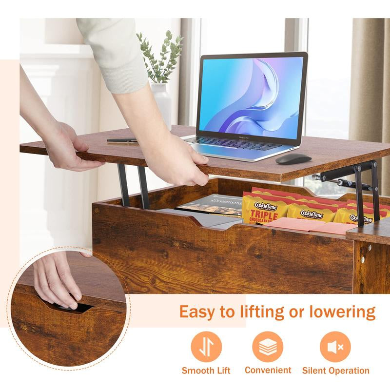 【Back to School】Sweetfurniture Fully Assembled Wooden Center Table, Fluted Lift Top Coffee Table with Hidden Compartment, Modern Lift Tabletop for Home Living Room Office