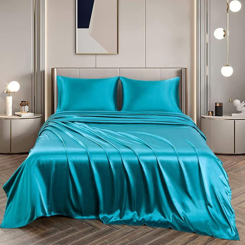 Solid Color Satin Bedding Set, 3/4 Counts Luxury Bedroom Microfiber Sheets Includes 1 Flat Sheet, 1 Fitted Sheet, and 1/2 Pillowcase without Filler, Room Accessories Soft Mattress Protector, Silky Fitted Sheet, Breathable Sheets, Bed Sets, Bedset
