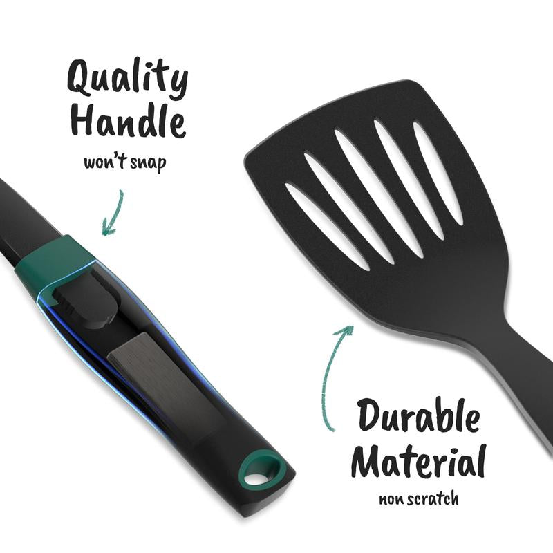 Nylon Cooking Utensils Set,Linoroso 7 Pieces Elevate Kitchen Utensil Set with Exquisite Rotating Stand, Innovative Weighted Handle, Easy to Clean, Black & Peacock Green (BPA Free, Non Toxic) Spoon Spatula Turner Ladle Skimmer Sturdy