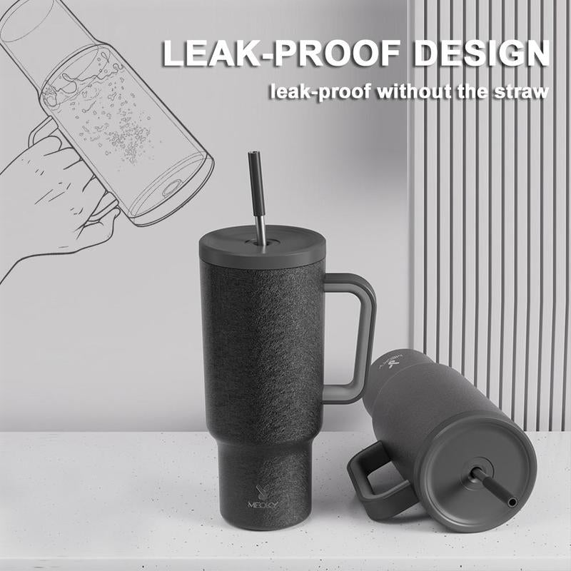 【Meoky】40Oz Classic Straw Handle Cup, Multi-Grid Ice Cube Mold, Leak-Proof Cup Lid, Silicone Handle, Non-Slip Noise Reduction Pad at the Bottom, Stainless Steel Thermos Cup, Wide Mouth and Narrow Bottom, Valentine'S Day Gift, Tumbler Cups