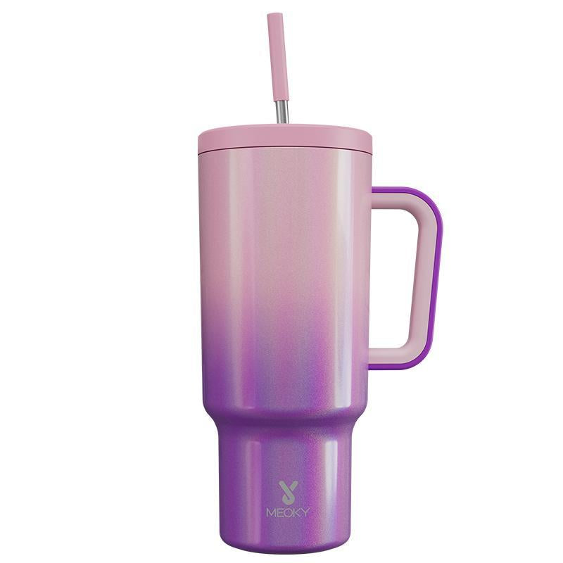 【Meoky】40Oz Classic Straw Handle Cup, Multi-Grid Ice Cube Mold, Leak-Proof Cup Lid, Silicone Handle, Non-Slip Noise Reduction Pad at the Bottom, Stainless Steel Thermos Cup, Wide Mouth and Narrow Bottom, Valentine'S Day Gift, Tumbler Cups