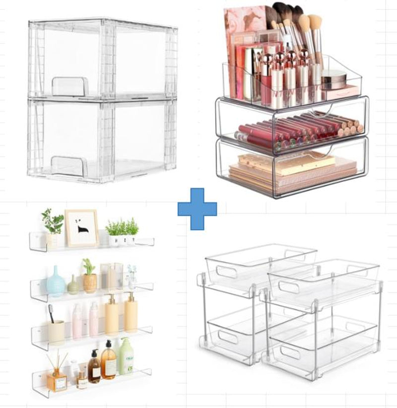 Vtopmart Transparent Stackable Drawer Organizer with Handles for Bathroom Kitchen Pantry under Sink Cabinet Closet Makeup Multifunctional Storage Solution 5-10Kg Capacity