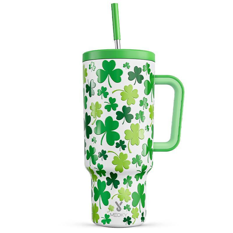 【Meoky】40Oz Classic Straw Handle Cup, Multi-Grid Ice Cube Mold, Leak-Proof Cup Lid, Silicone Handle, Non-Slip Noise Reduction Pad at the Bottom, Stainless Steel Thermos Cup, Wide Mouth and Narrow Bottom, Valentine'S Day Gift, Tumbler Cups