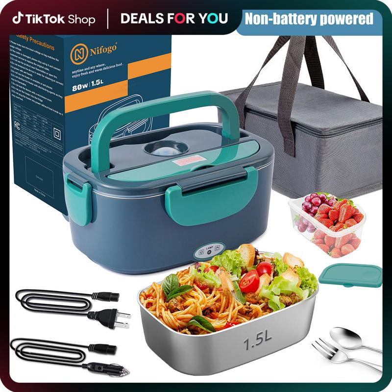 Nifogo Electric Lunch Box, 80W Food Heater 1,8L for Adults Portable Food Heater with Tableware and Lunch Bag, Car & Home Portable Electronic Food Heater for Home Office Travel
