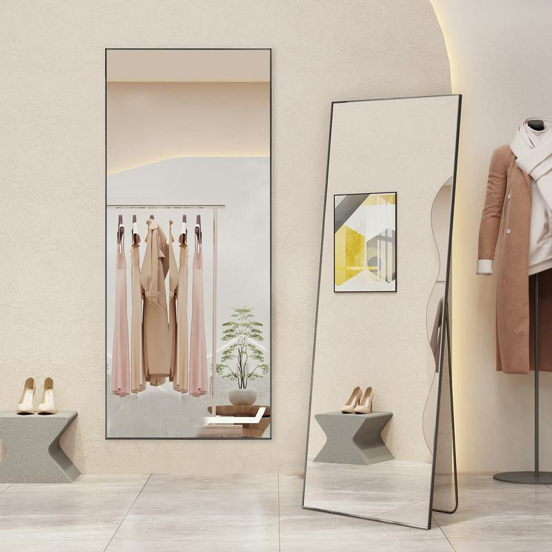 Full Length Mirror, Floor Standing Mirror with Stand, Wall Aluminum Alloy Thin Frame Hanging or Leaning for Living Room Bedroom Cloakroom Decorating