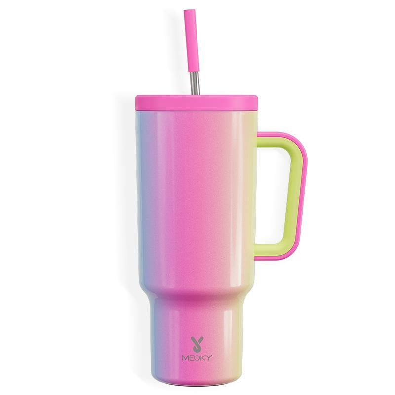 【Meoky】40Oz Classic Straw Handle Cup, Multi-Grid Ice Cube Mold, Leak-Proof Cup Lid, Silicone Handle, Non-Slip Noise Reduction Pad at the Bottom, Stainless Steel Thermos Cup, Wide Mouth and Narrow Bottom, Valentine'S Day Gift, Tumbler Cups