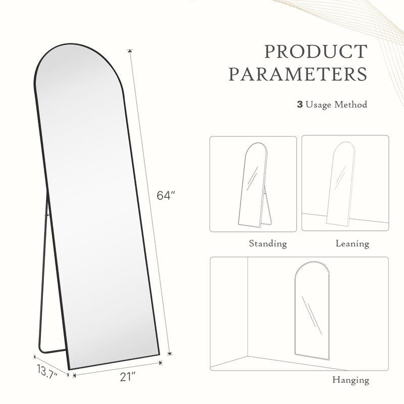 Full Length Mirror, Floor Standing Mirror with Stand, Wall Aluminum Alloy Thin Frame Hanging or Leaning for Living Room Bedroom Cloakroom Decorating