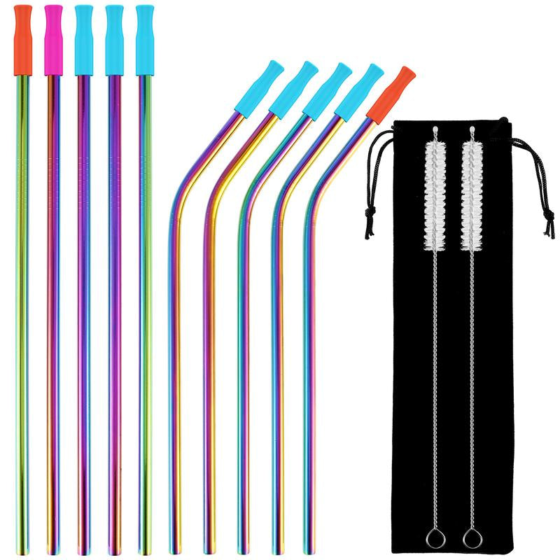 20 Pcs Stainless Steel Straws Reusable Drinking Straws Colorful Curved Straight Straws with Cleaning Brush Storage Bag and 20 Silicone Tips Metal Straws Fit for 16 and 20 Oz Tumbler Cups